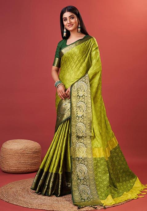 Parrot Green Zari Woven Kora Silk Saree Set