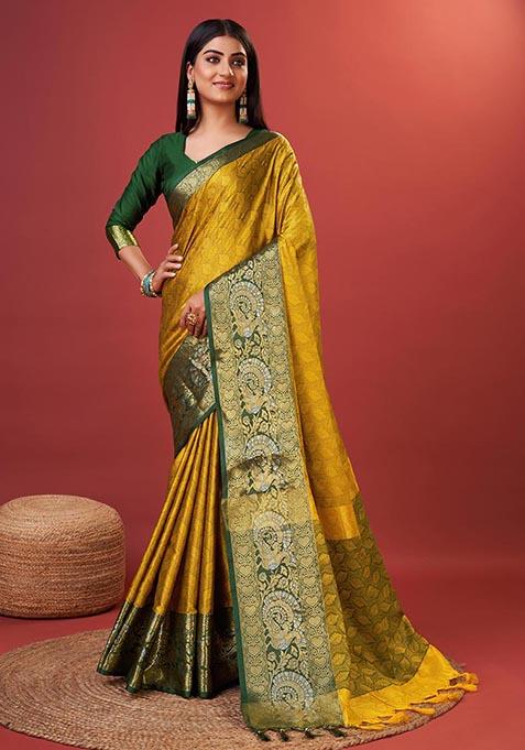 Yellow Zari Woven Kora Silk Saree Set