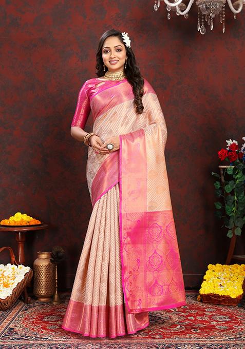 Cream Zari Woven Lichi Silk Saree Set