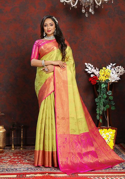 Light Green Zari Woven Lichi Silk Saree Set