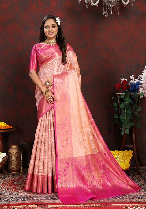 Peach Zari Woven Lichi Silk Saree Set