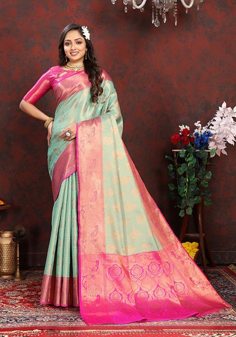 Sea Green Zari Woven Lichi Silk Saree Set