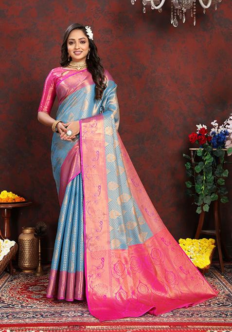 Sky Blue Zari Woven Lichi Silk Saree Set