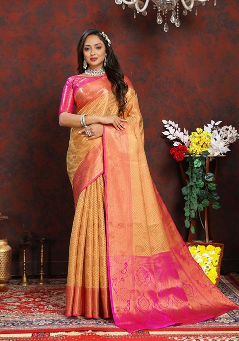 Yellow Zari Woven Lichi Silk Saree Set