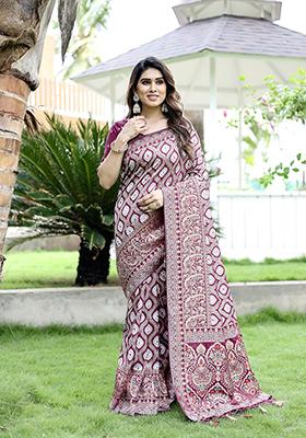 Purple Zari Woven Silk Blend Saree Set