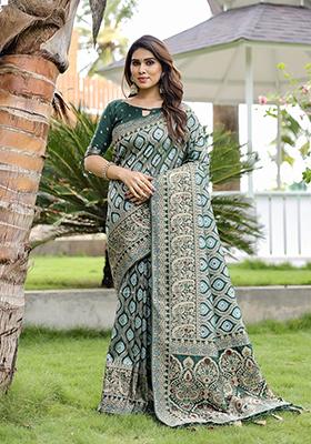 Green Zari Woven Silk Blend Saree Set