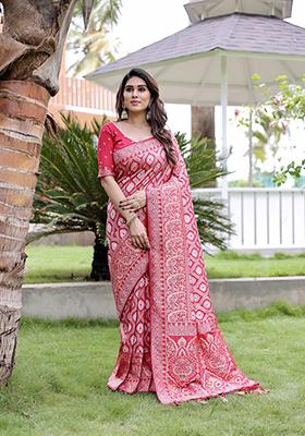 Pink Zari Woven Silk Blend Saree Set