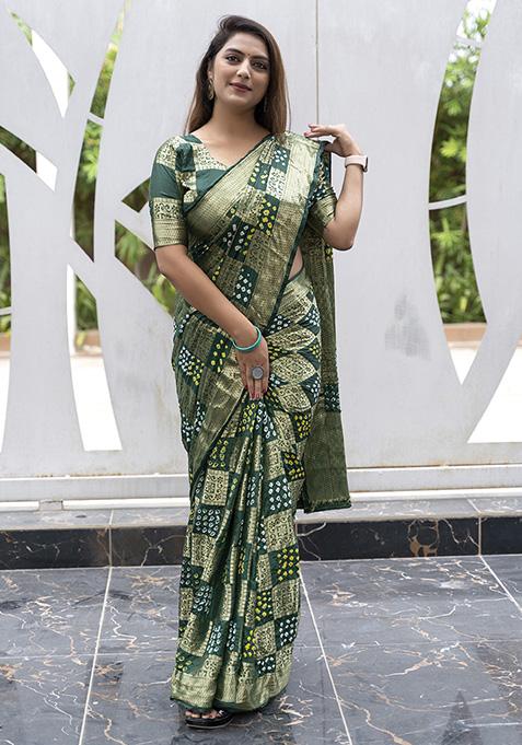 Green Zari Woven Silk Blend Saree Set