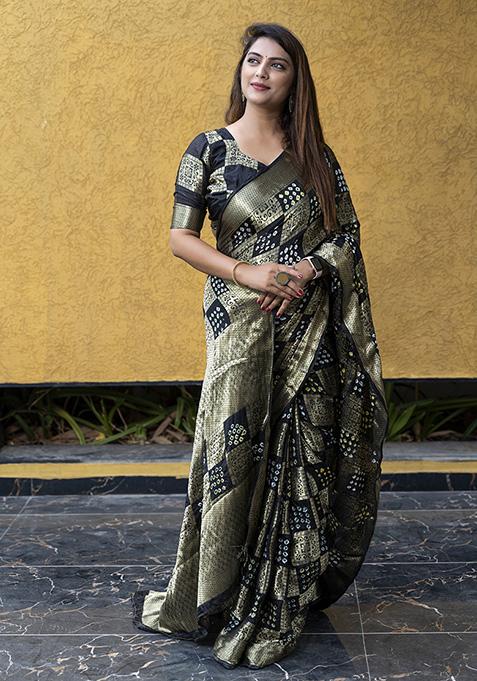 Navy Blue Zari Woven Silk Blend Saree Set