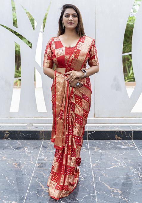 Red Zari Woven Silk Blend Saree Set