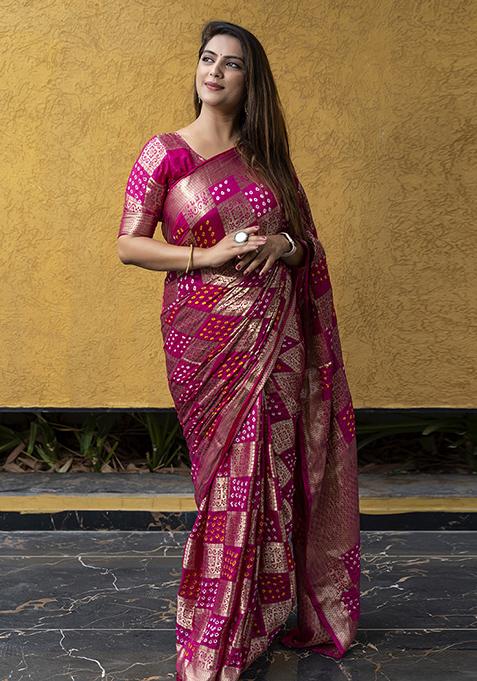 Pink Zari Woven Silk Blend Saree Set