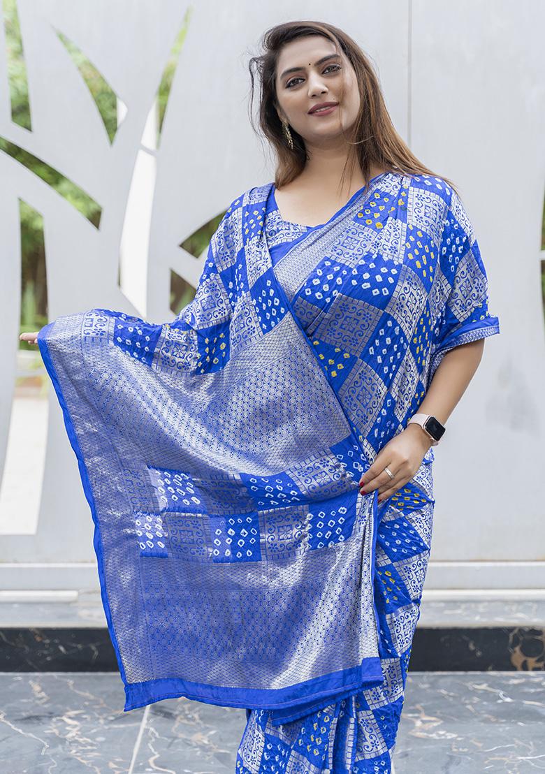 Blue Zari Woven Silk Blend Saree Set - Indya