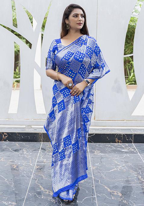 Blue Zari Woven Silk Blend Saree Set