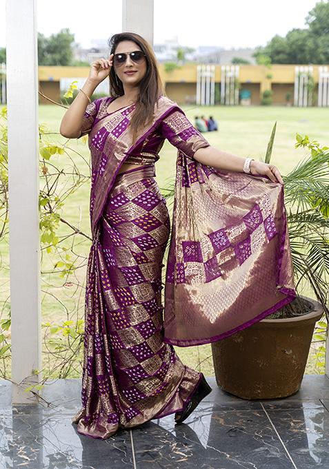 Purple Zari Woven Silk Blend Saree Set