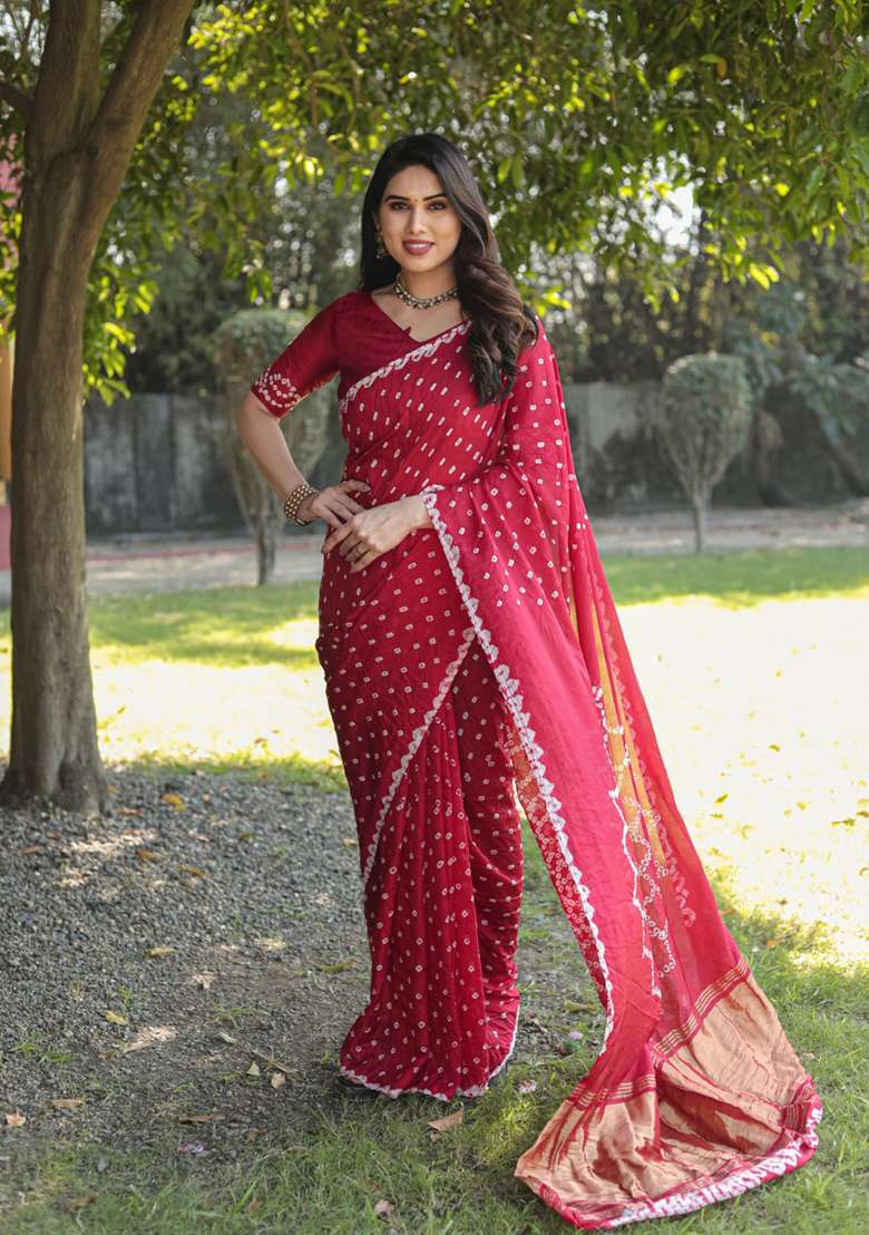 Red Zari Woven Silk Blend Saree Set for Diwali | Wedding & Festive Wear - Indya