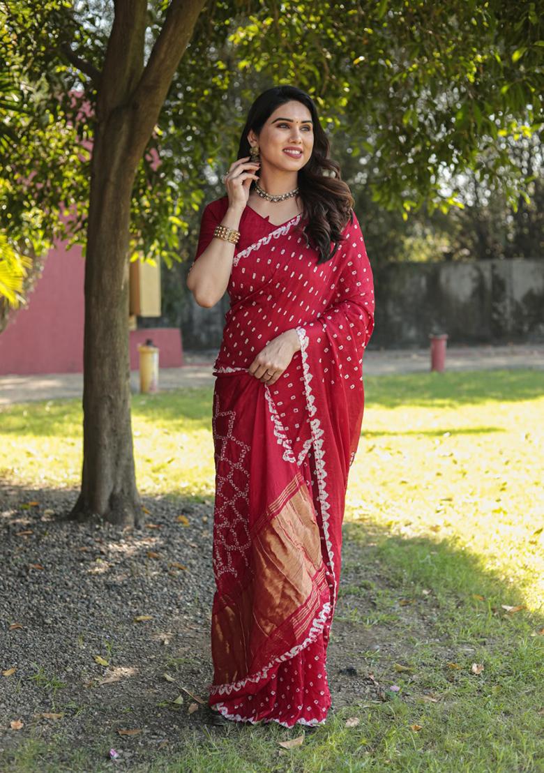 Red Zari Woven Silk Blend Saree Set