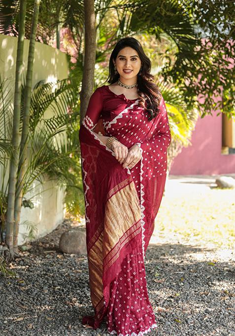 Maroon Zari Woven Silk Blend Saree Set