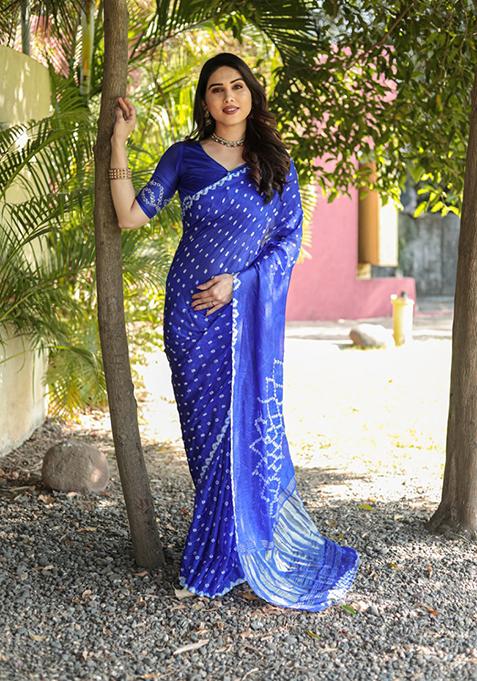 Blue Zari Woven Silk Blend Saree Set