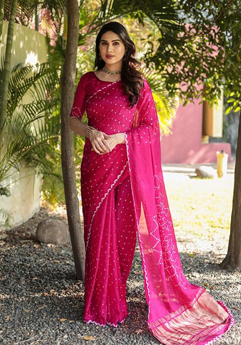 Pink Zari Woven Silk Blend Saree Set