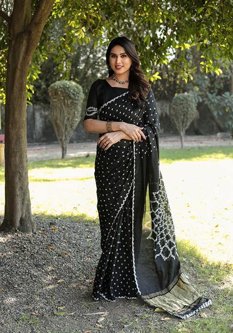 Black Zari Woven Silk Blend Saree Set