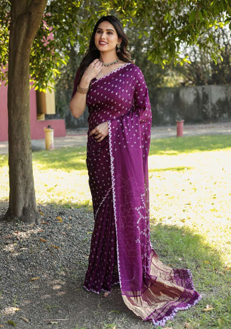 Purple Zari Woven Silk Blend Saree Set for Diwali and Festive Wear - Indya