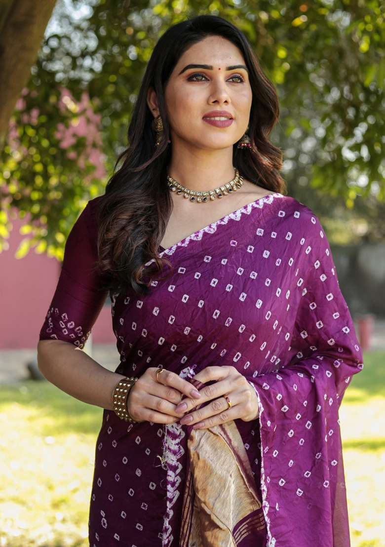 Purple Zari Woven Silk Blend Saree Set for Diwali and Festive Wear - Indya