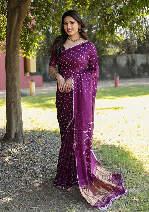 Purple Zari Woven Silk Blend Saree Set