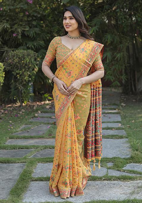 Yellow Zari Woven Cotton Blend Saree Set