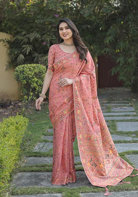 Peach Zari Woven Cotton Blend Saree Set