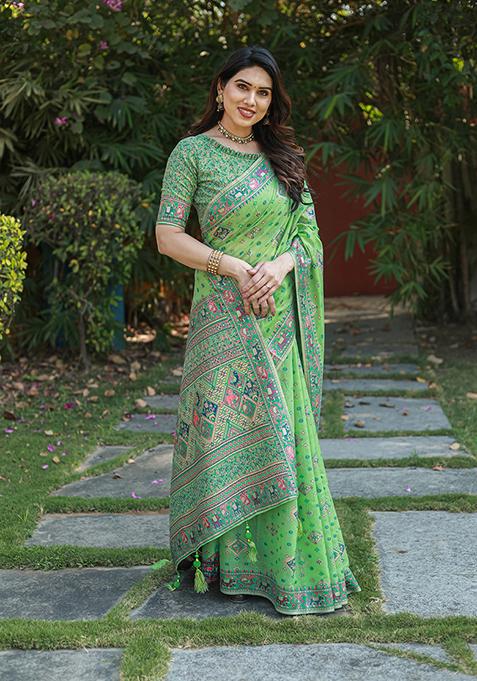 Green Zari Woven Cotton Blend Saree Set