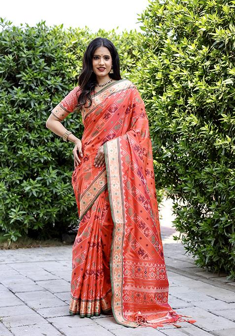 Orange Zari Woven Silk Saree Set