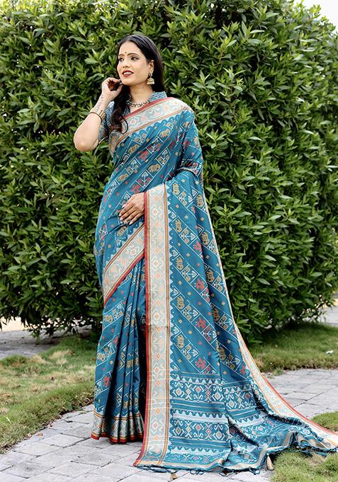 Teal Blue Zari Woven Silk Saree Set