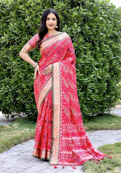 Dark Peach Zari Woven Silk Saree Set