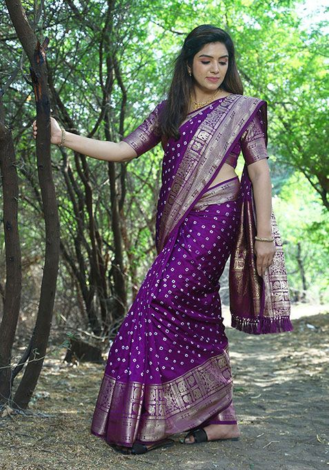 Purple Zari Woven Silk Saree Set