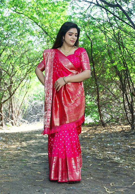 Rani Pink Zari Woven Silk Saree Set