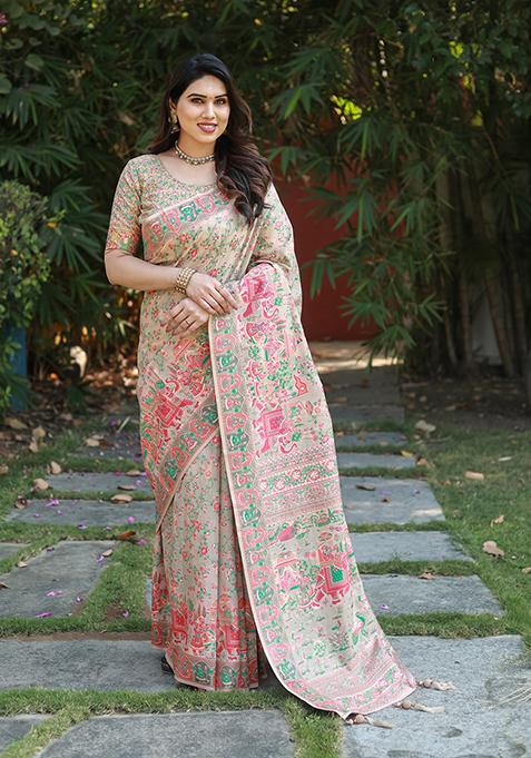 Cream Zari Woven Silk Saree Set