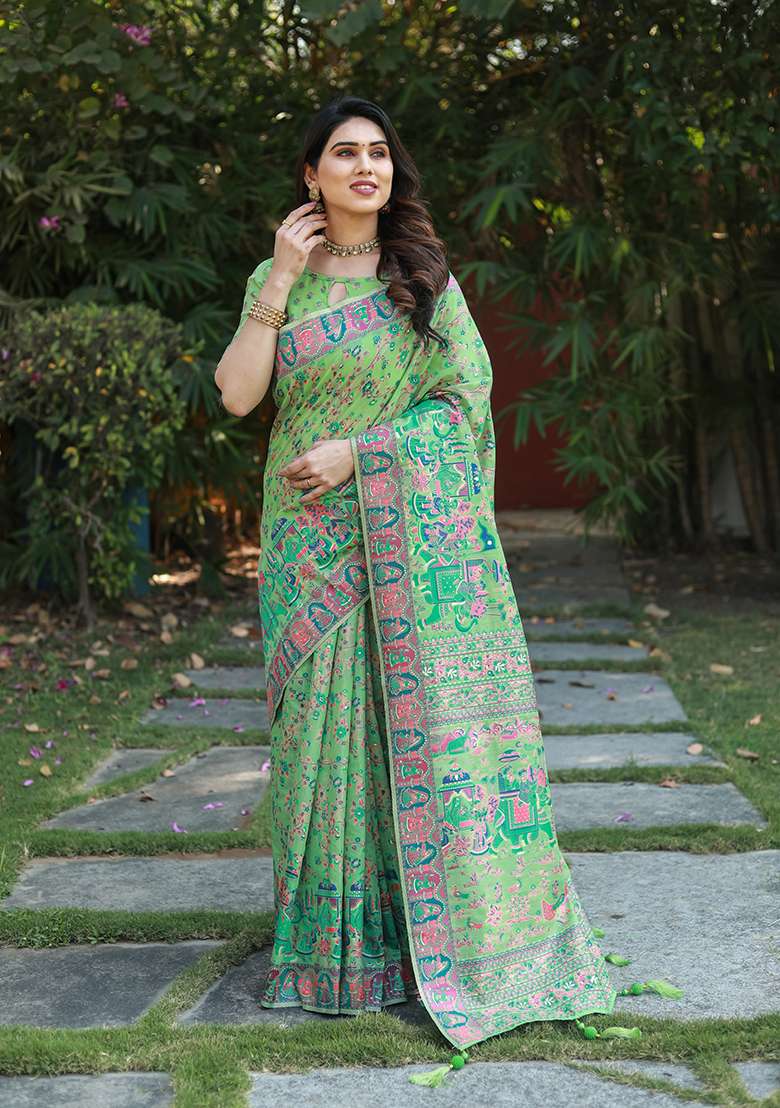 Green Zari Woven Silk Saree Set for Diwali and Festive Wear - Indya