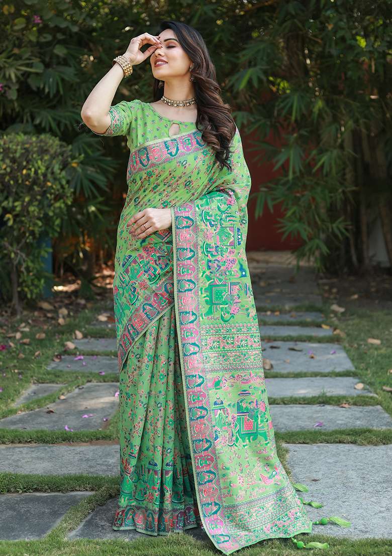 Green Zari Woven Silk Saree Set for Diwali and Festive Wear - Indya