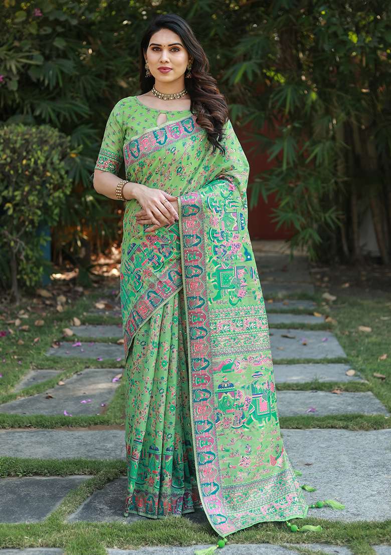 Green Zari Woven Silk Saree Set for Diwali and Festive Wear - Indya
