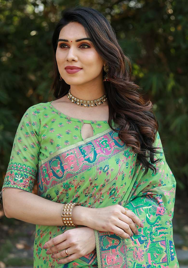 Green Zari Woven Silk Saree Set for Diwali and Festive Wear - Indya