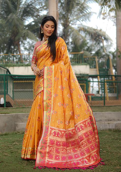 Yellow Zari Woven Silk Saree Set