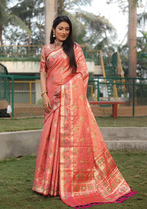 Peach Zari Woven Silk Saree Set