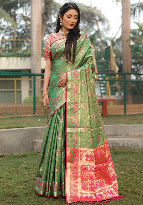 Green Zari Woven Silk Saree Set