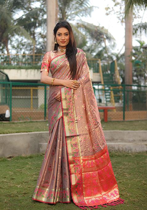 Dusty Pink Zari Woven Silk Saree Set