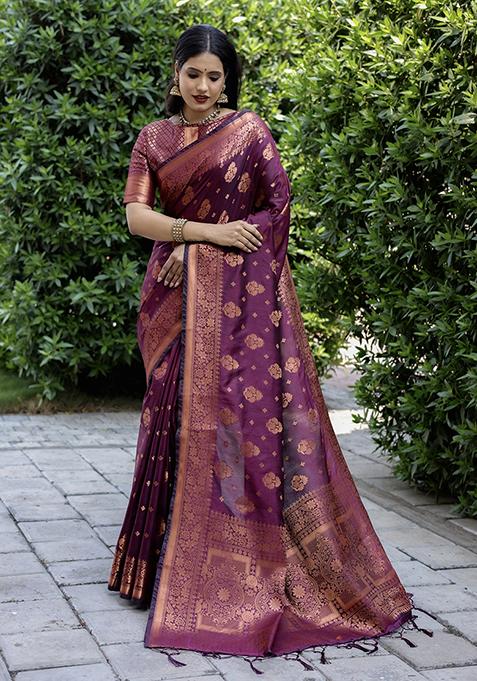 Wine Zari Woven Silk Saree Set