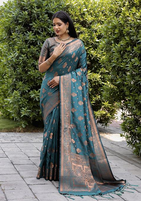 Teal Blue Zari Woven Silk Saree Set