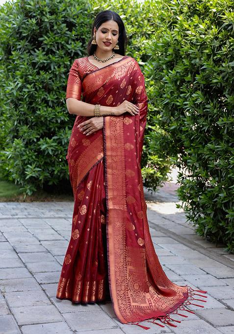 Red Zari Woven Silk Saree Set