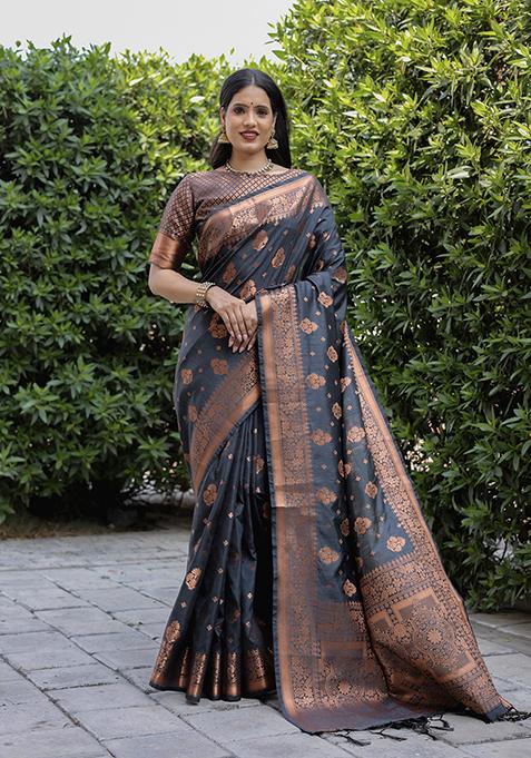 Navy Blue Zari Woven Silk Saree Set