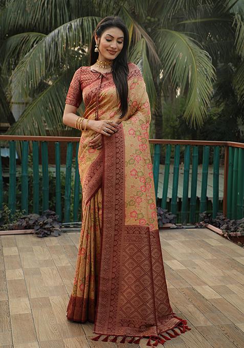 Cream Zari Woven Silk Saree Set