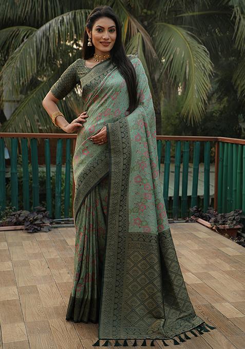 Sea Green Zari Woven Silk Saree Set